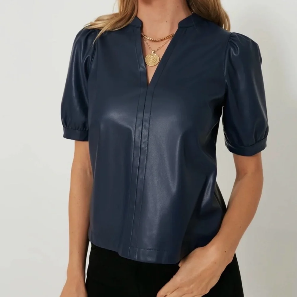 Tuckernuck Hyacinth House Navy Faux Leather Min Top Puff Sleeve Sz XS